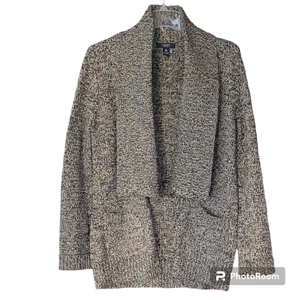 Heathered Open Front Neutral Cardigan Long Sweater Shawl Collar Patch Pockets